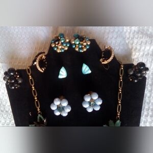 Vintage Black and Turquoise Floral Clip On Earrings Luxury Old money